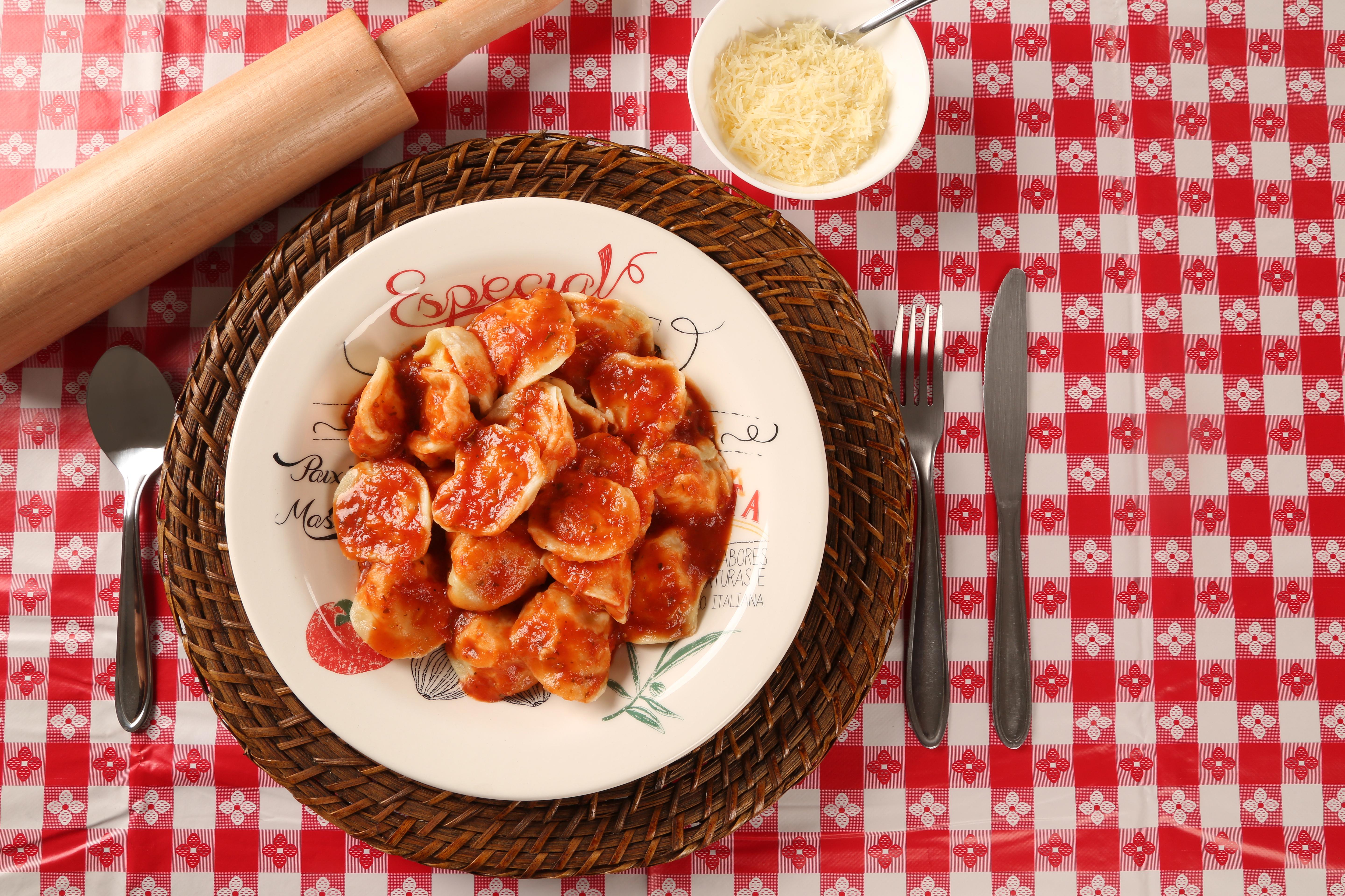 capeletti 4 cheeses with red sauce.