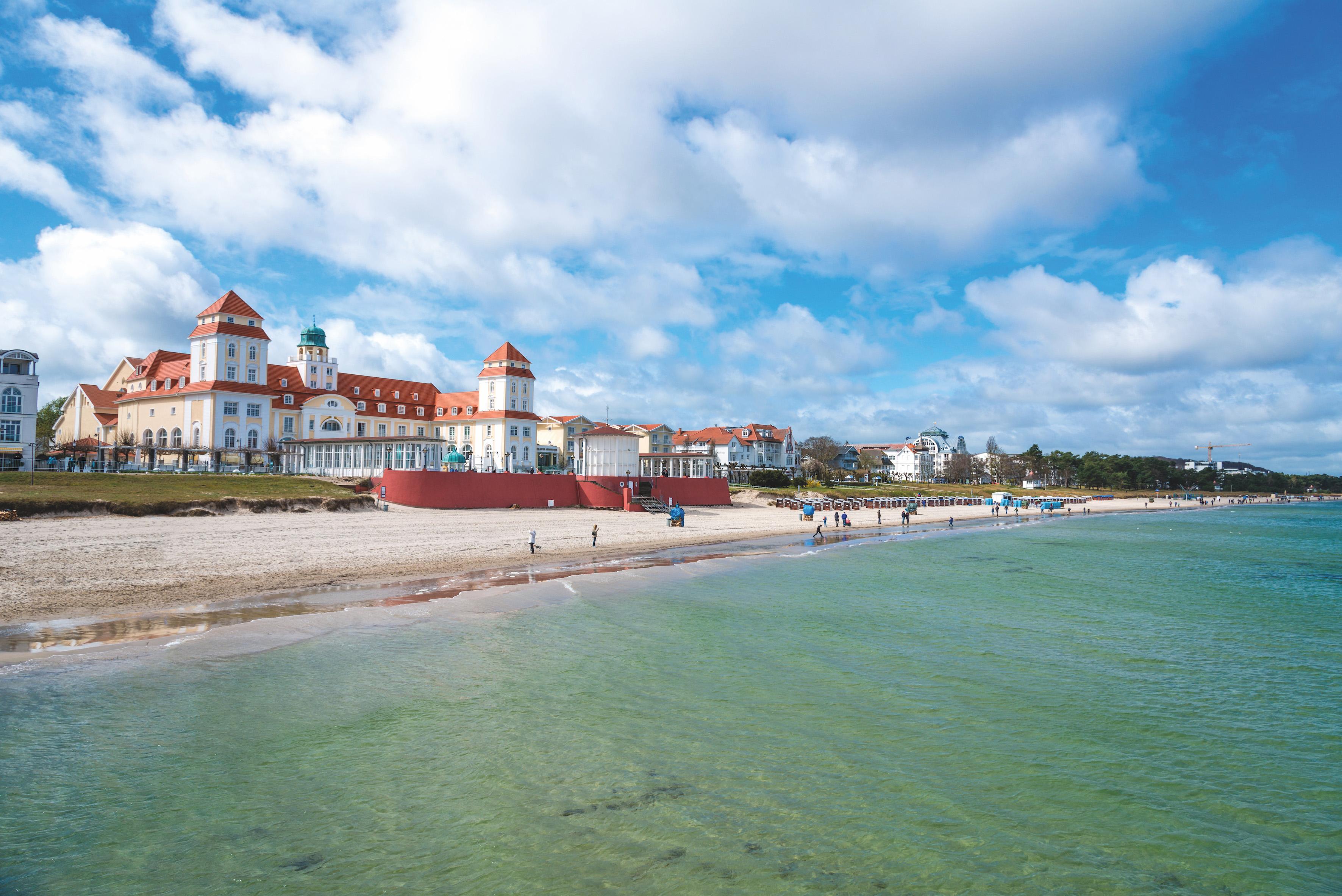 Binz, Germany - April 13, 2017 - The famous sightseeeing in Seebad Binz the Kurhaus on the beach of the Baltic sea. A lot of people walking around and enyoing the spring sun.