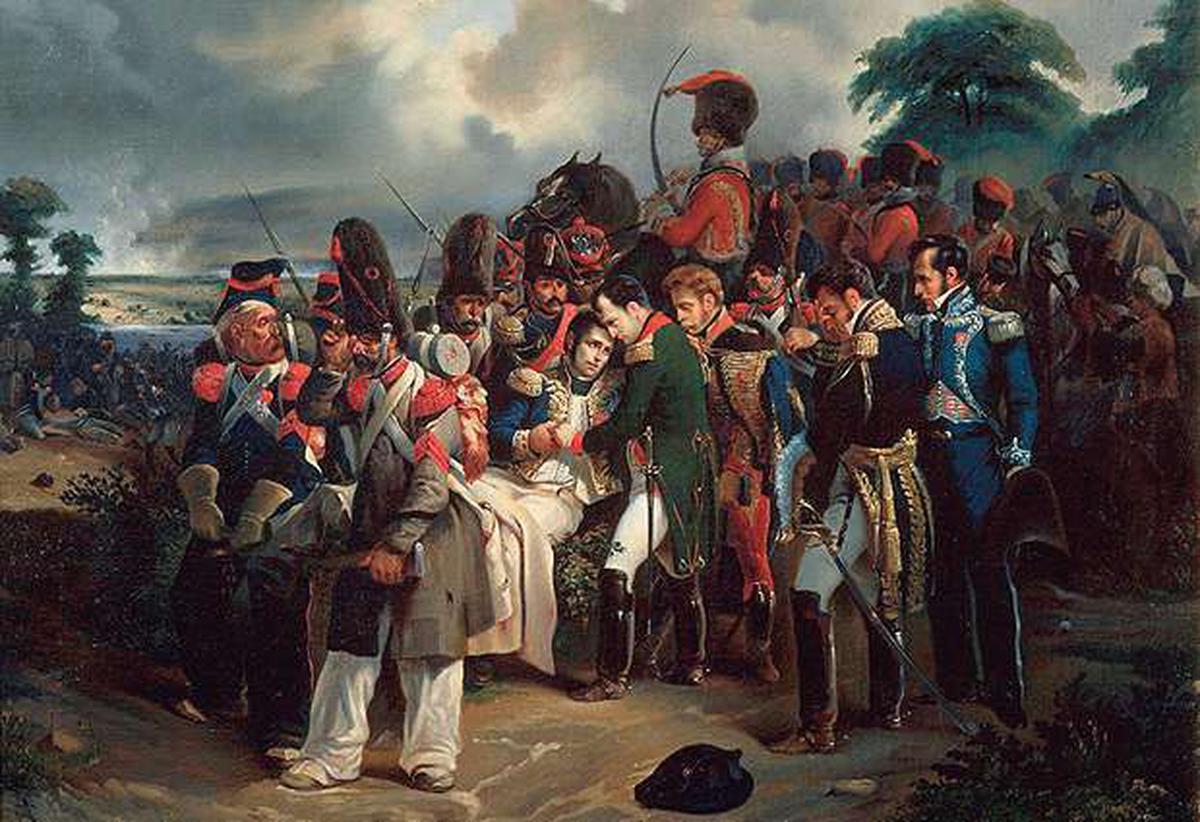 Napoleon neemt afscheid van maarschalk Jean Lannes, nadat die in de slag bij Slag bij Aspern-Eßling dodelijk gewond is geraakt. De voormalige stalknecht Lannes was een bewijs dat het glazen plafond werd doorbroken.© Getty Images
