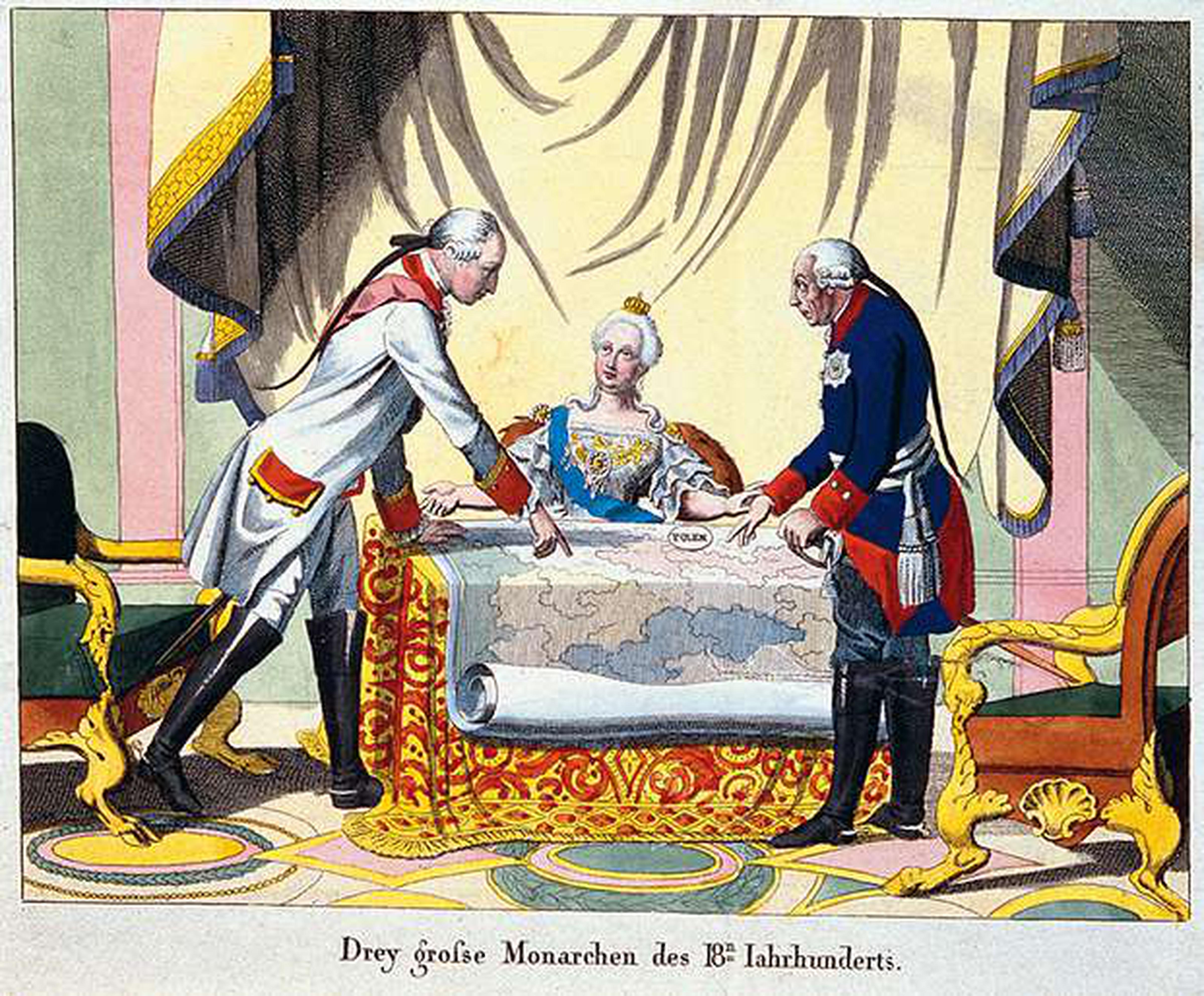 Het Koninkrijk Polen werd in de 18e eeuw door het Habsburgse rijk (Jozef II, links), Rusland (Catharina de Grote, midden) en Pruisen (Frederick II, rechts) in drie stappen geannexeerd en verdeeld. De geplaagde inwoners zagen Napoleon als hun redder.