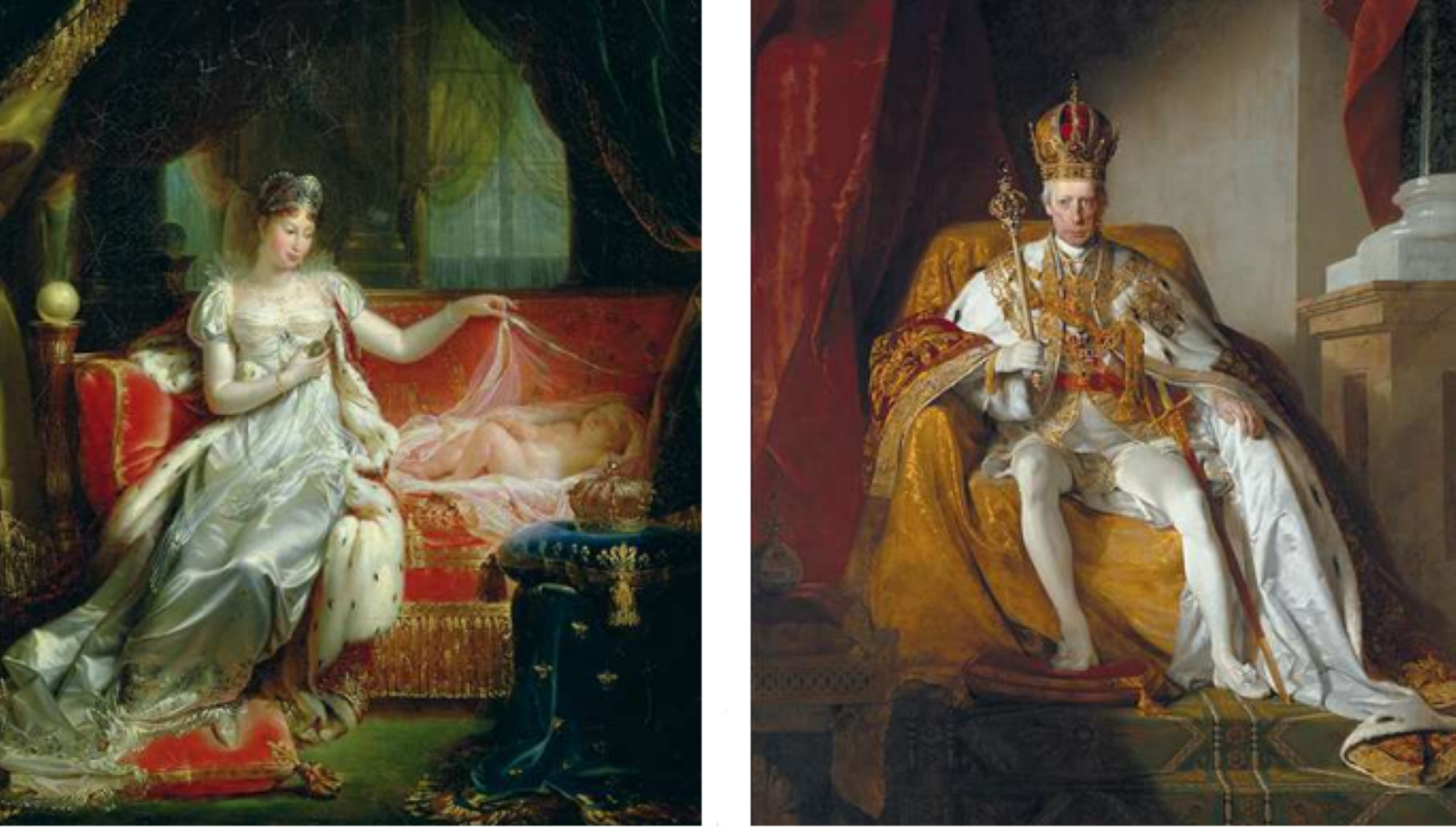 Links: Joseph Franque, Keizerin Marie-Louise en de koning van Rome, 1812. Marie-Louise deed wat van haar verwacht werd: een jaar na haar huwelijk met Napoleon zette ze een zoontje op de wereld. Rechts: Friedrich Amerling, Portret van Frans I, 1832. De keizer van Oostenrijk had zijn dochter van kinds af aan voorbereid op een koninklijk huwelijk. © Getty Images