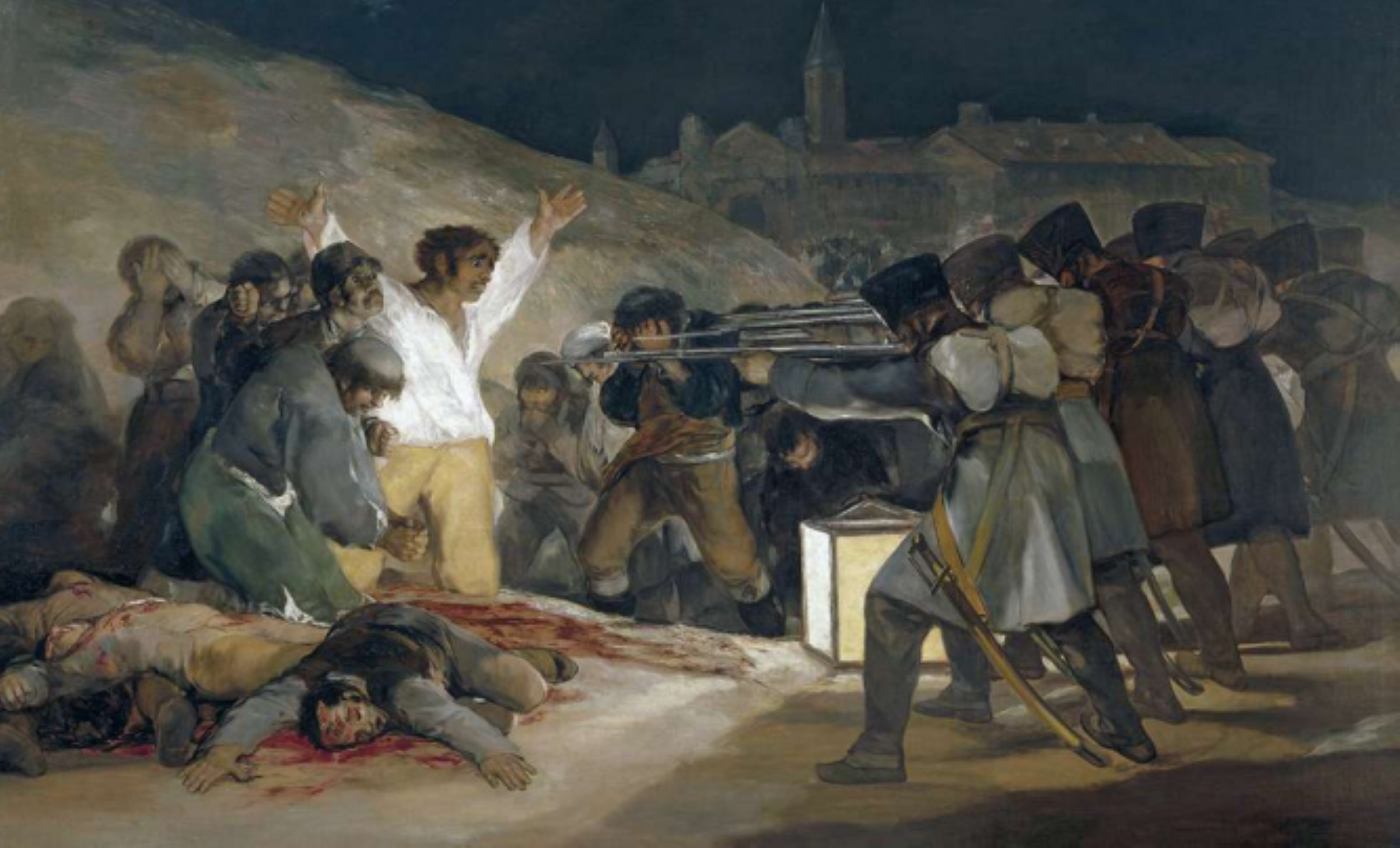 Francisco Goya, De derde mei in Madrid, 1814. De schilder heeft op indringende wijze de gruwelen van de Spaanse oorlog vereeuwigd. Het blijft voor veel historici een raadsel waarom Napoleon het verarmde land per se wilde onderwerpen. 