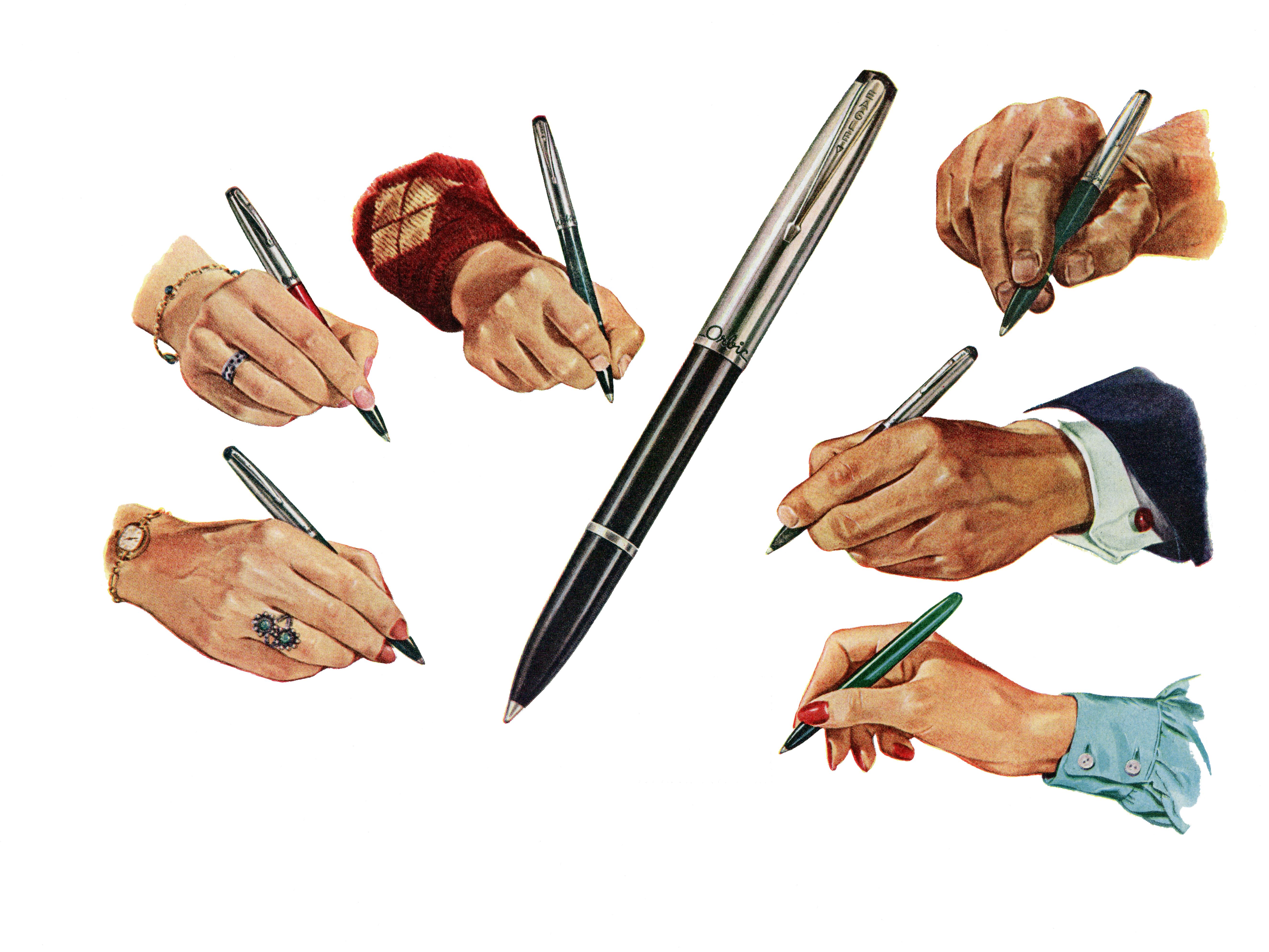 Vintage illustration of six hands holding pens (screen print), 1946. (Photo by GraphicaArtis/Getty Images)