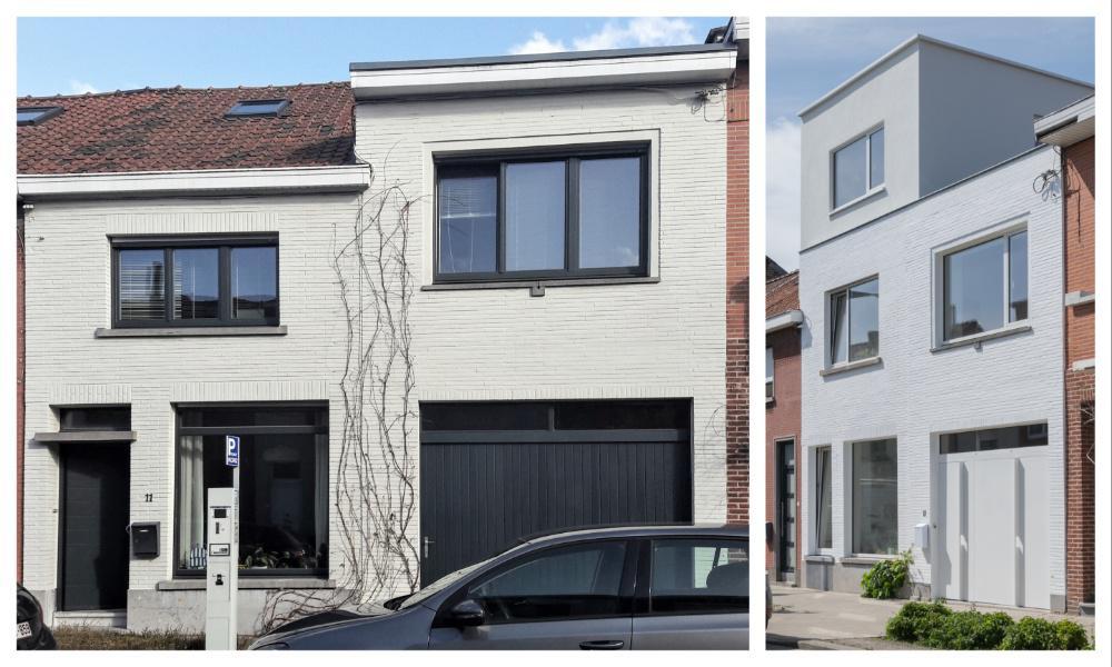 Een voor en na van de voorkant van de woning.