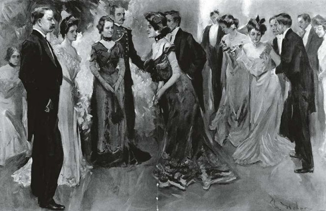 Theodore Roosevelt en zijn tweede echtgenote Edith ontvangen de
gasten op een receptie in het Witte Huis, 1902.