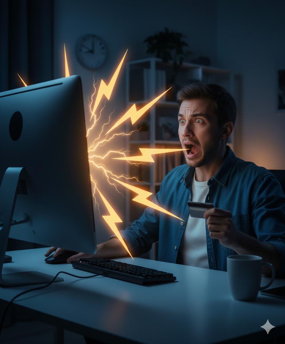 photo personne en panique devant un écran d'ordinateur avec des éclairs