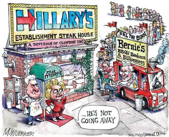 Cartoon over: Het kamp van Bernie Sanders schilderde Hillary Clinton af als een kandidaat van Wall Street en het establishment.