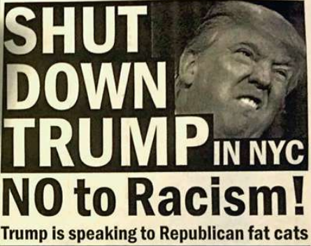 Een pamflet waarop Trump wordt afgebeeld, met de boodschap dat hij een racist is