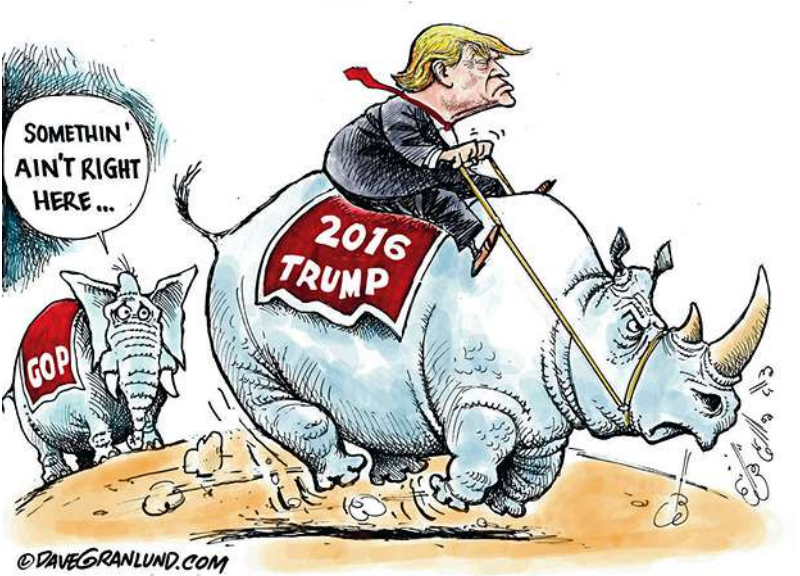 Cartoon waarop Donald Trump op een olifant wegvlucht, het symbool van de Republikeinse Partij