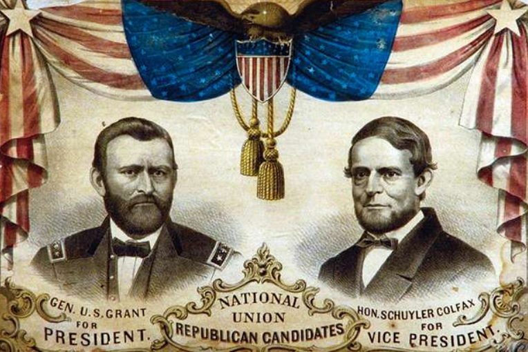 Cartoon van verkiezingsdrukwerk voor de campagne van de Republikein Ulysses S. Grant als president in 1868. Grant had zijn strepen verdient als opperbevelhebber van de Noordelijke strijdkrachten tijdens de Amerikaanse Burgeroorlog.