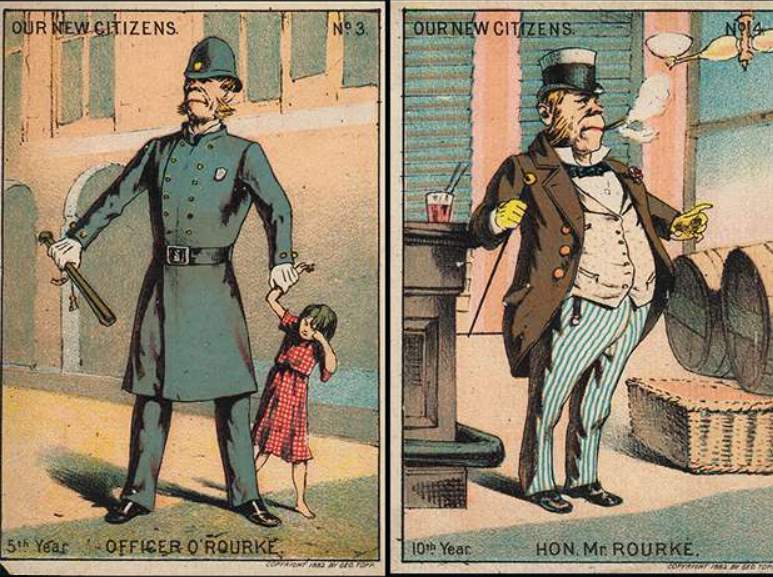 Tekening: Voorstelling van de sociale opgang van de Ierse migranten in de Verenigde Staten: van politieman tot geacht lid van de lokale gemeenschap.