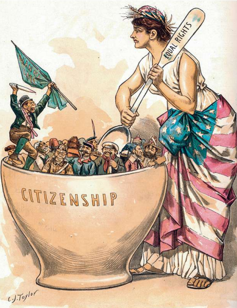 Voorstelling (cartoon) van de salad bowl die de VS is geworden