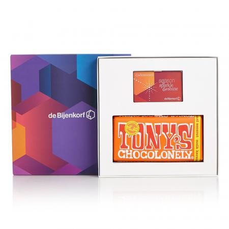 Cadeaupakket met bon De Bijenkorf en chocoladereep Tony’s Chocolonely