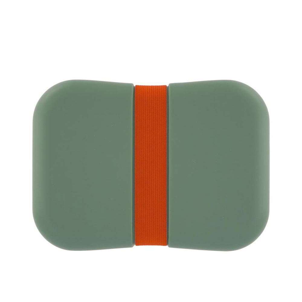 Groene lunchbox met rode elastiek en verplaatsbaar tussenschotje