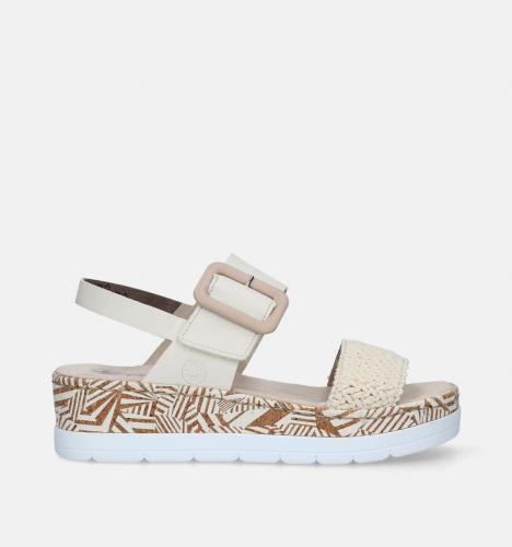 Sandalen met raffia, geometrische sleehak en klittenbandsluiting