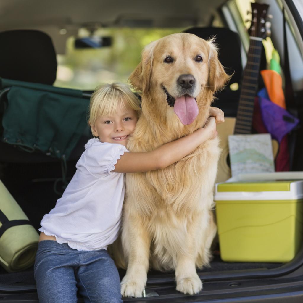 Smiling little girl with her dog in car trunk on a sunny day