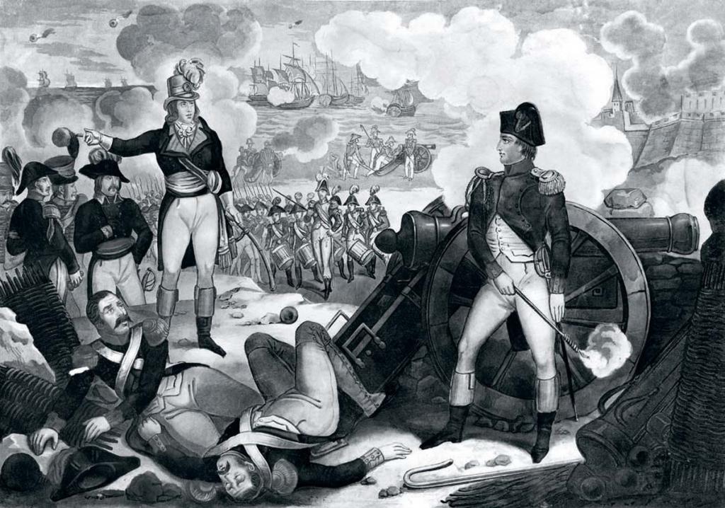 Napoleon (rechts) en Barras (links) bij de republikeinse belegering van Toulon, 1793. Na de verovering van de stad werd Napoleon door Barras tot brigadegeneraal bevorderd.