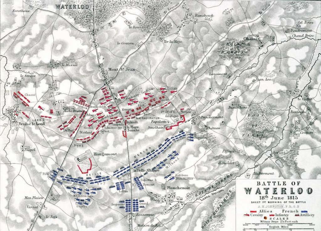 Posities van de geallieerde en Franse troepen bij de slag van Waterloo, 18 juni 1815.