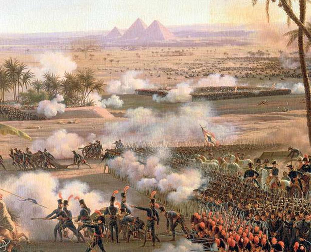 Napoleon voor de slag tot zijn troepen: 'Denk erom dat vanaf de top van deze piramiden veertig eeuwen geschiedenis op u neerkijken.'