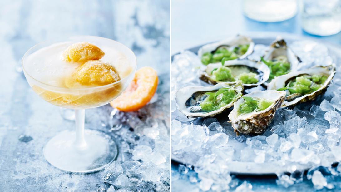 Zalig zomers aperitieven: frozen bellini & oesters met granité van komkommer Zalig zomers aperitieven: frozen bellini & oesters met granité van komkommer