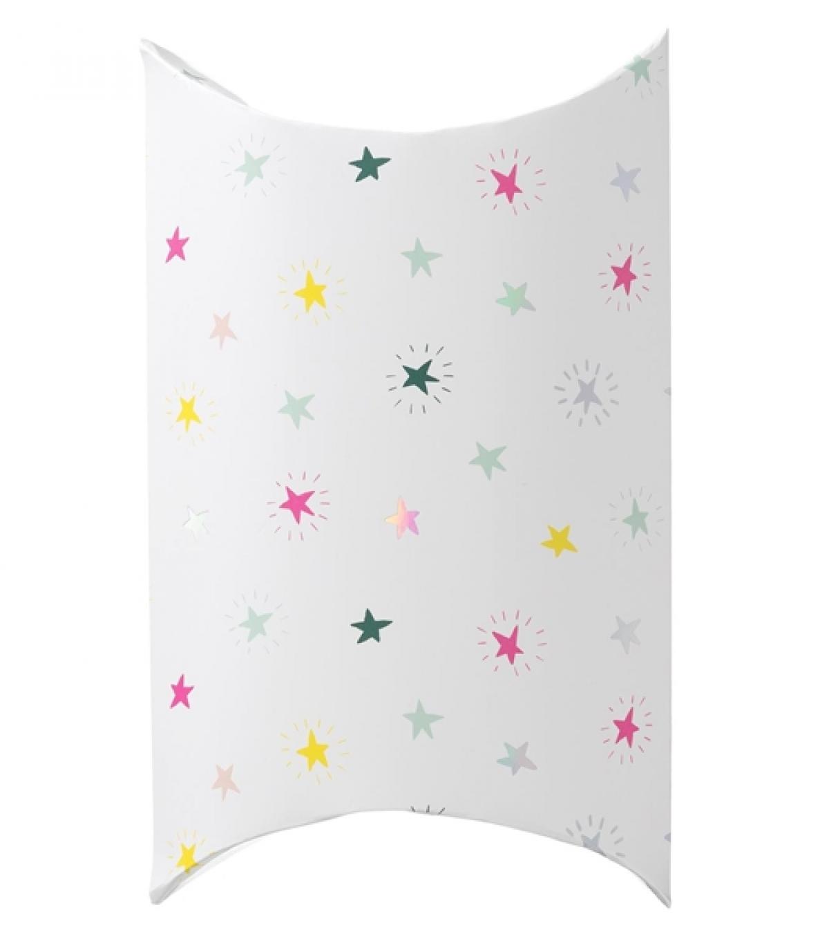 Emballage pliable blanc avec étoiles multicolores