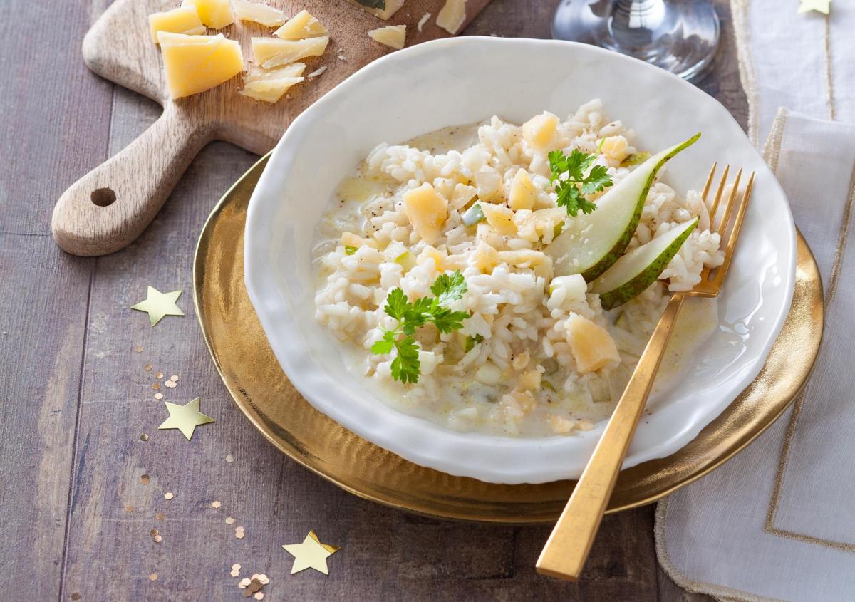 Plat n°1 : Risotto au champagne, poire et fromage