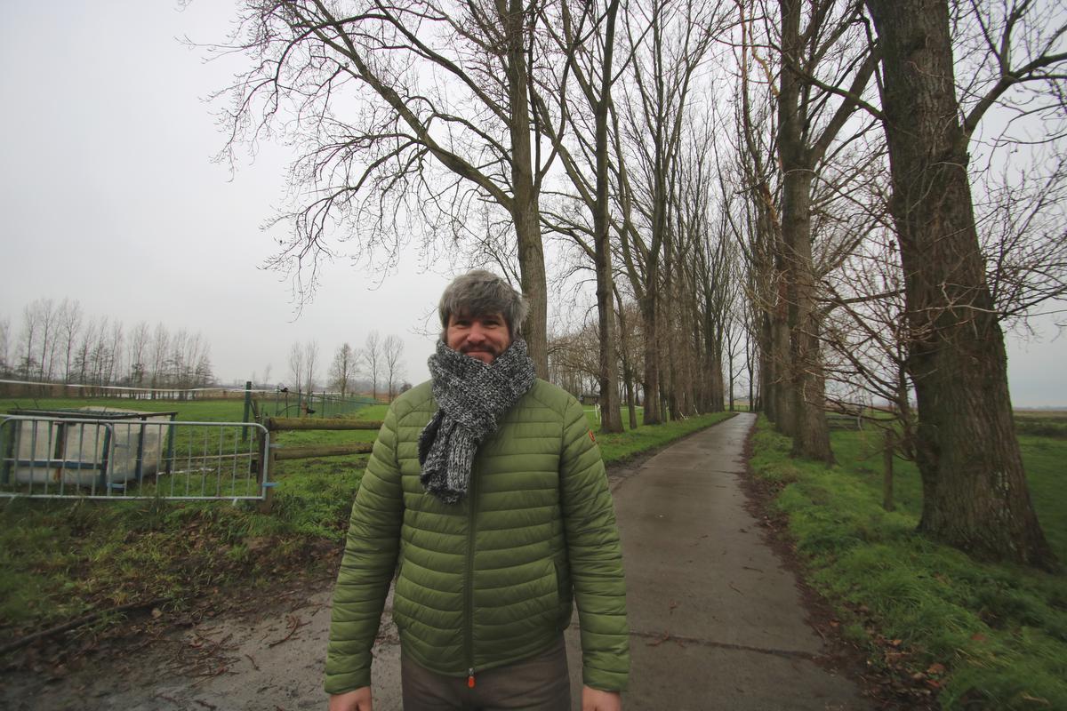 Boomexpert Günther Claes poseert bij de rij populieren aan de linkerkant, die van de kap gespaard blijven.©type=