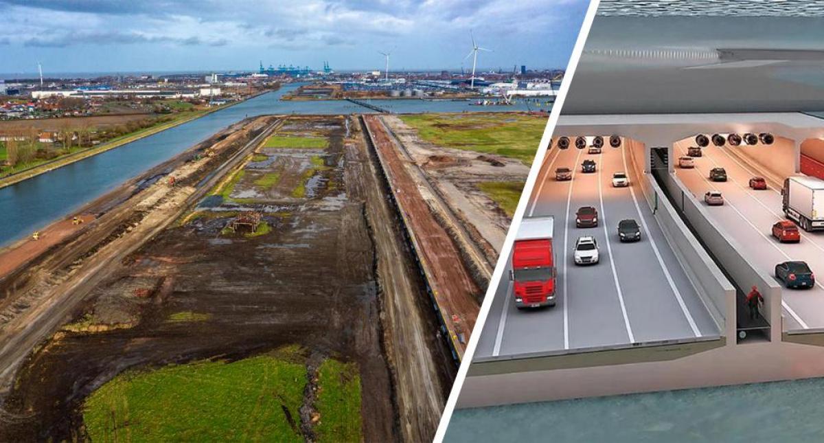 Links: de gigantische bouwput van 1 kilometer lang in Zeebrugge. Rechts: een dwarsdoorsnede van de Scheldetunnel, zoals die er straks moet uitzien.© Kurt/Lantis