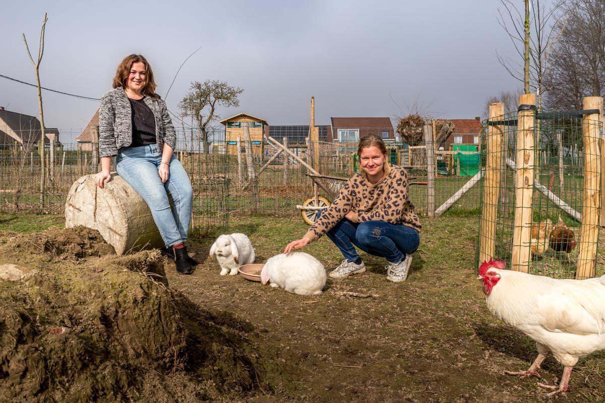 Zaakvoerster Joke Goemaere, met enkele boerderijdieren. Links schooldirecteur Ine Vandecaveye.© foto WME