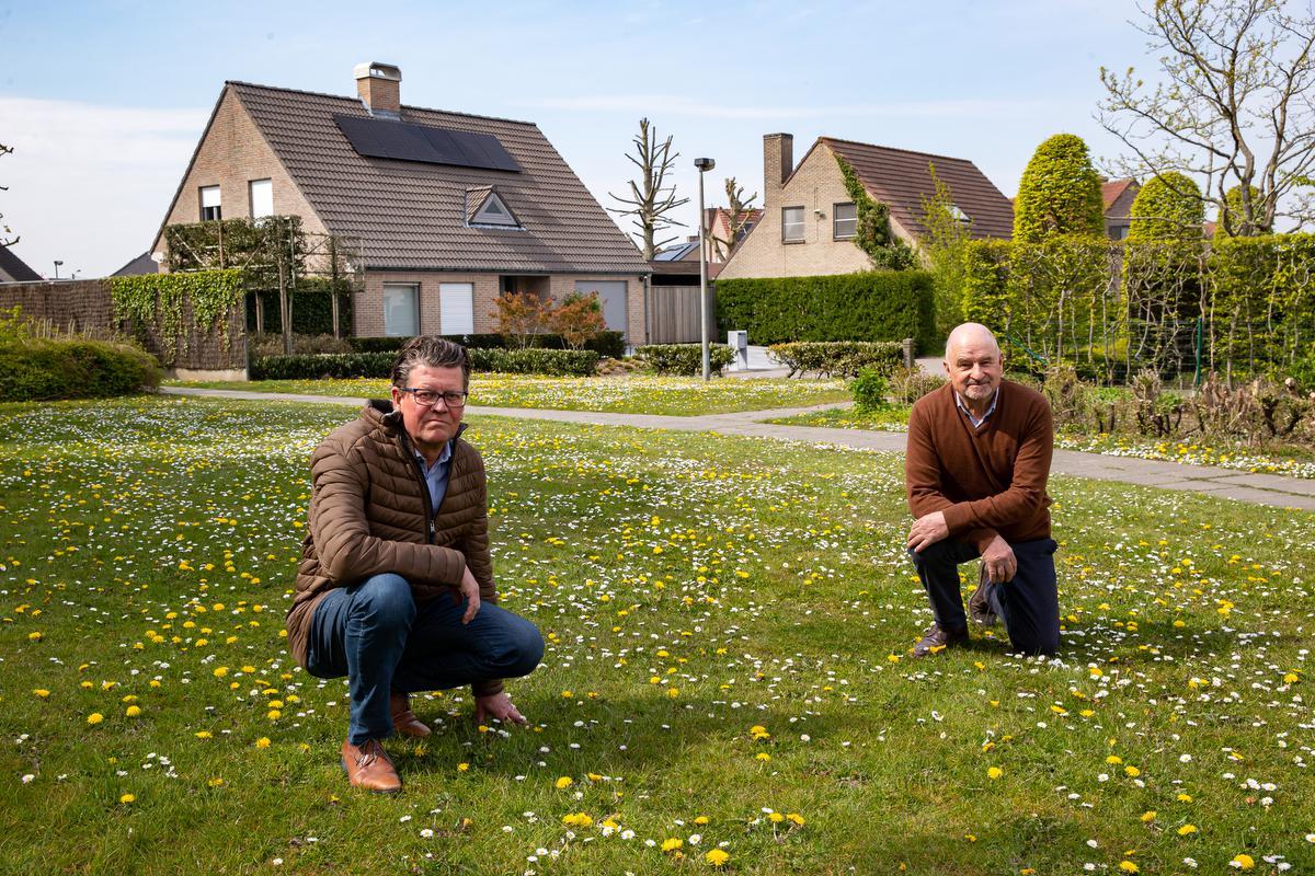Joost Vandehaeghe en Jos Goethals in de groene zone aan de residentiële woonwijk Europalaan.© foto Kurt