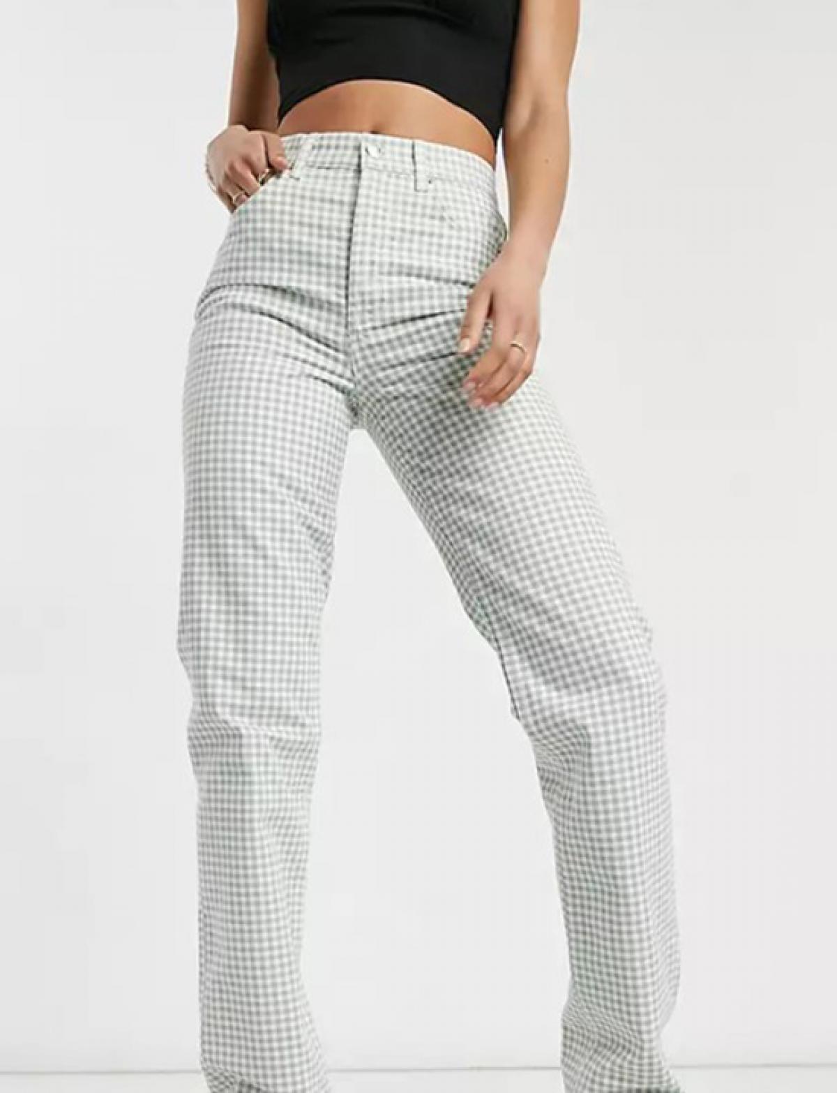 Straight leg denim met groene ruitjes