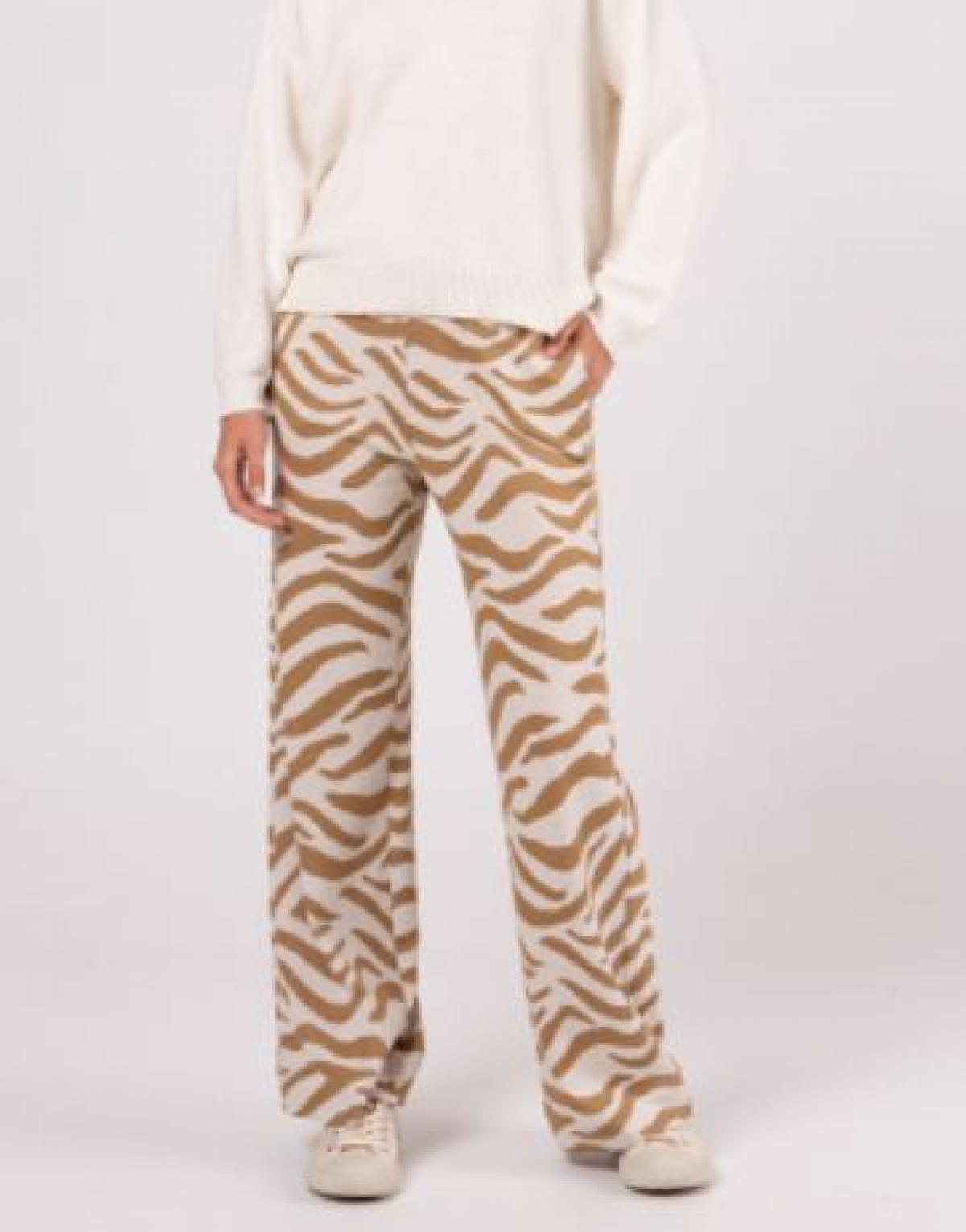 Gebreide broek met zebraprint in beige