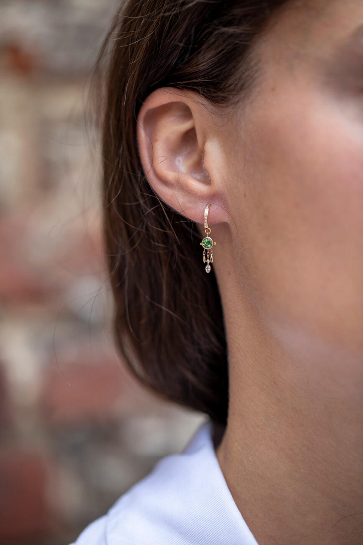 Green Tourmaline & Diamonds Single Hoop Earring