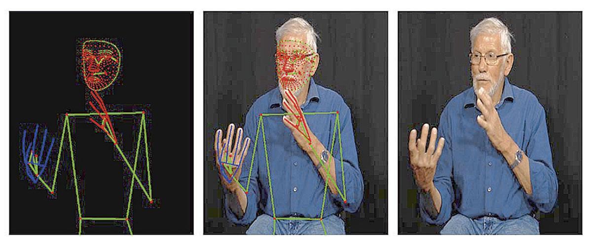 Pour que l'IA puisse reconnaître les signes, une sorte de squelette numérique est collé sur chaque signeur.