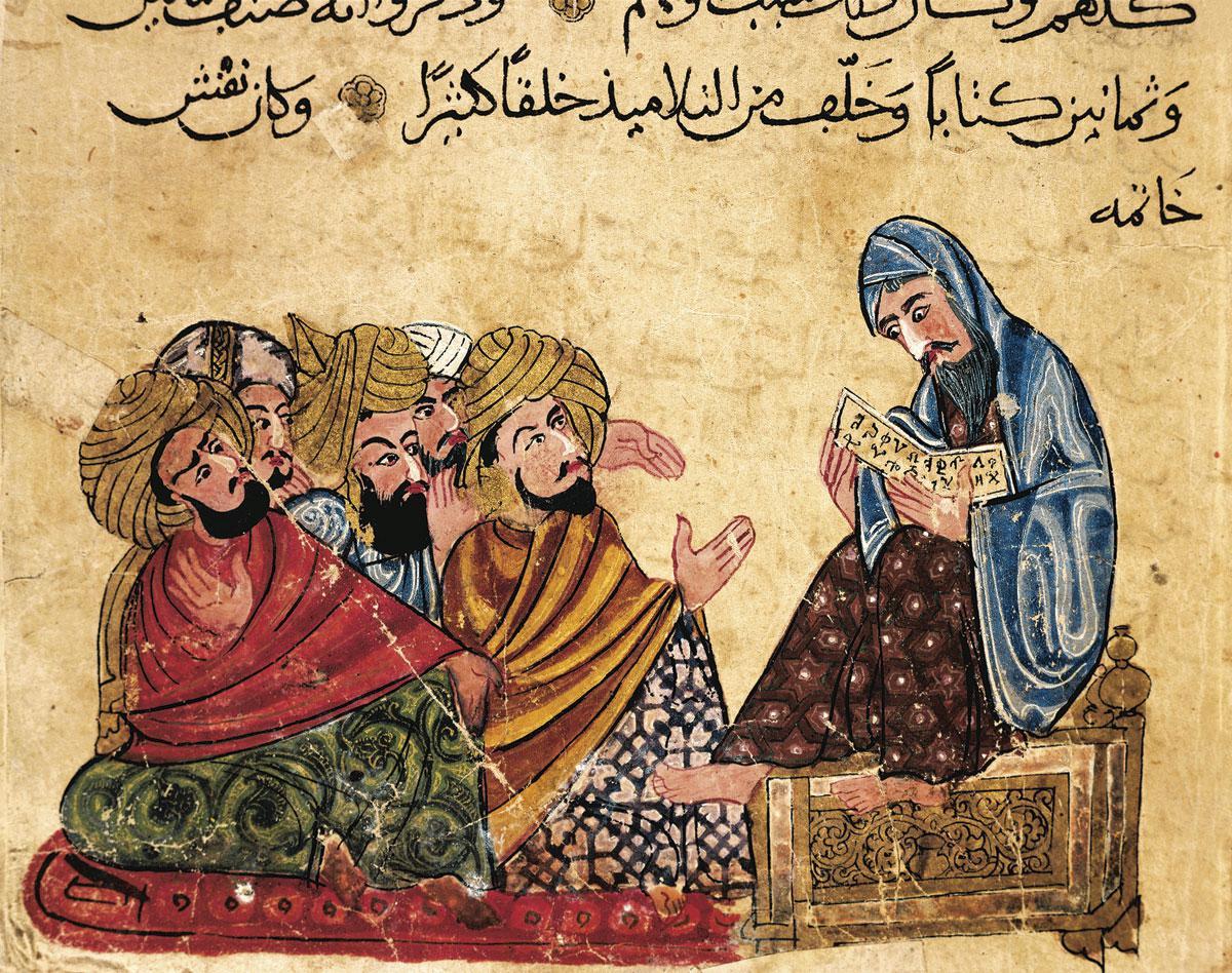 Arabische miniatuur, 13e eeuw. Socrates bediscussieert zijn filosofie met zijn aanhangers.