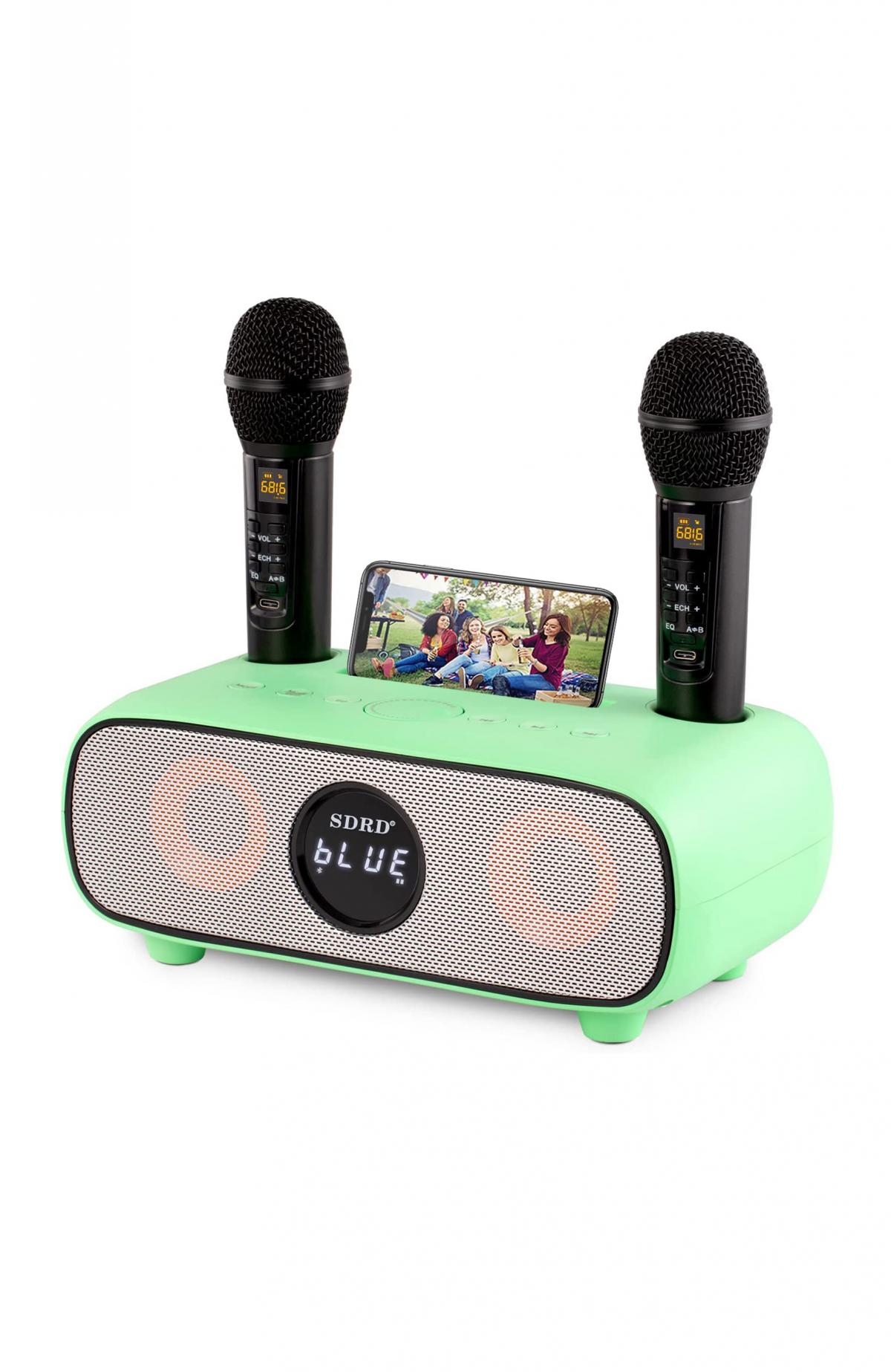 Pastelgroene karaokeset met twee microfoons