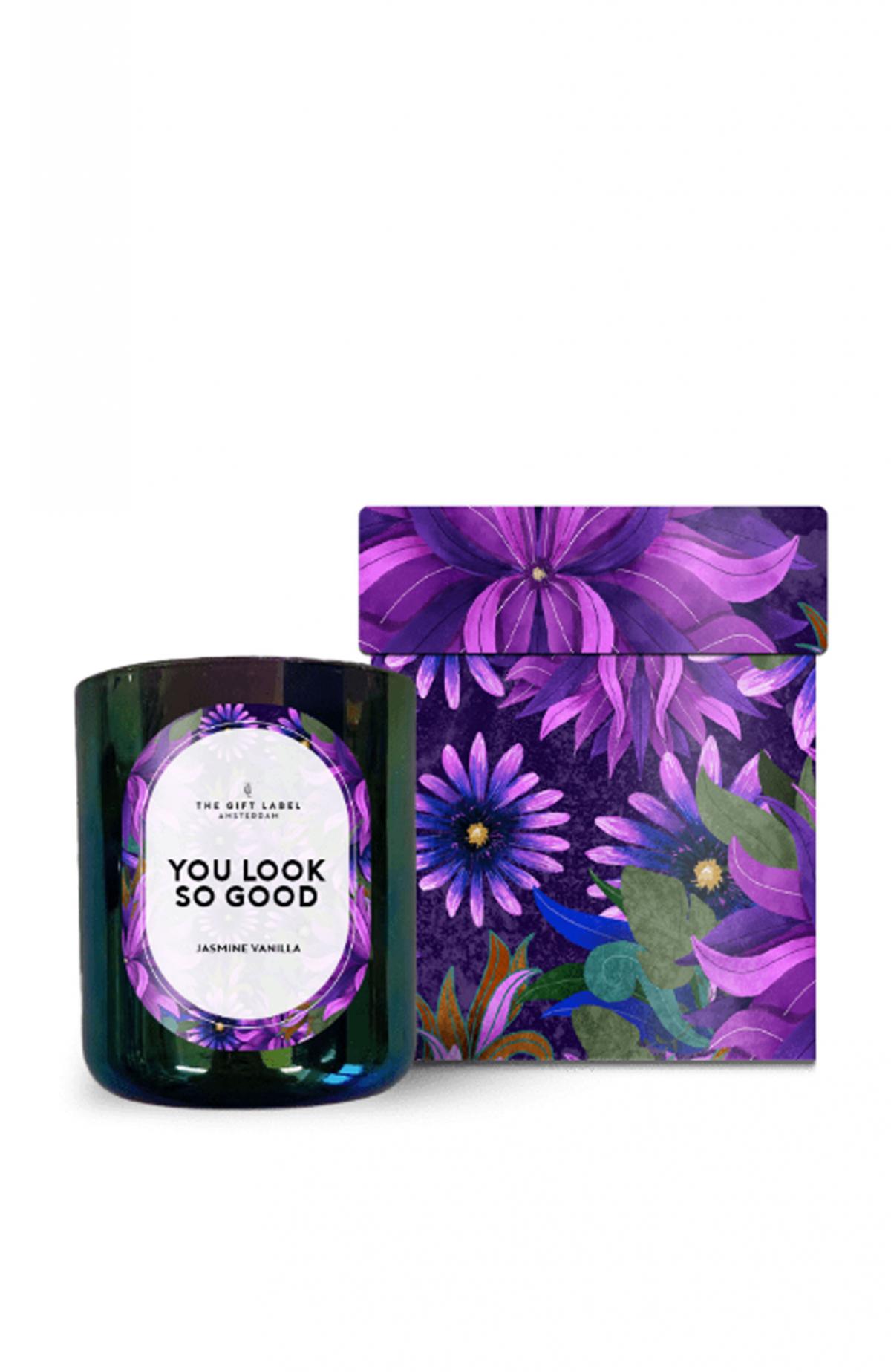 Geurkaars jasmijn-vanille in glazen houder met opschrift 'You look so good'