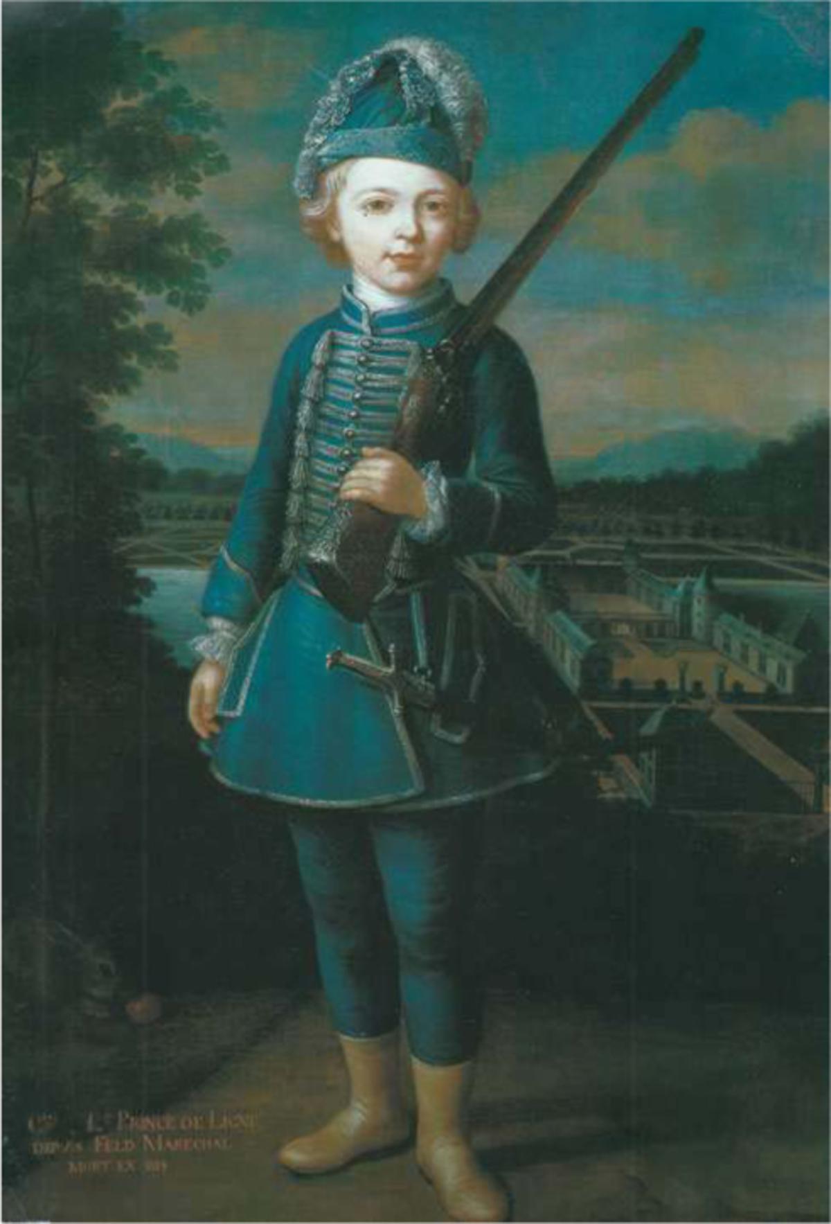 Anoniem en niet-gedateerd portret van de tienjarige Charles-Joseph in Turks uniform met op de achtergrond het kasteel van Beloeil. Misschien wel gemaakt in opdracht van zijn vader die zelf roem verwierf in de strijd tegen de Turken.