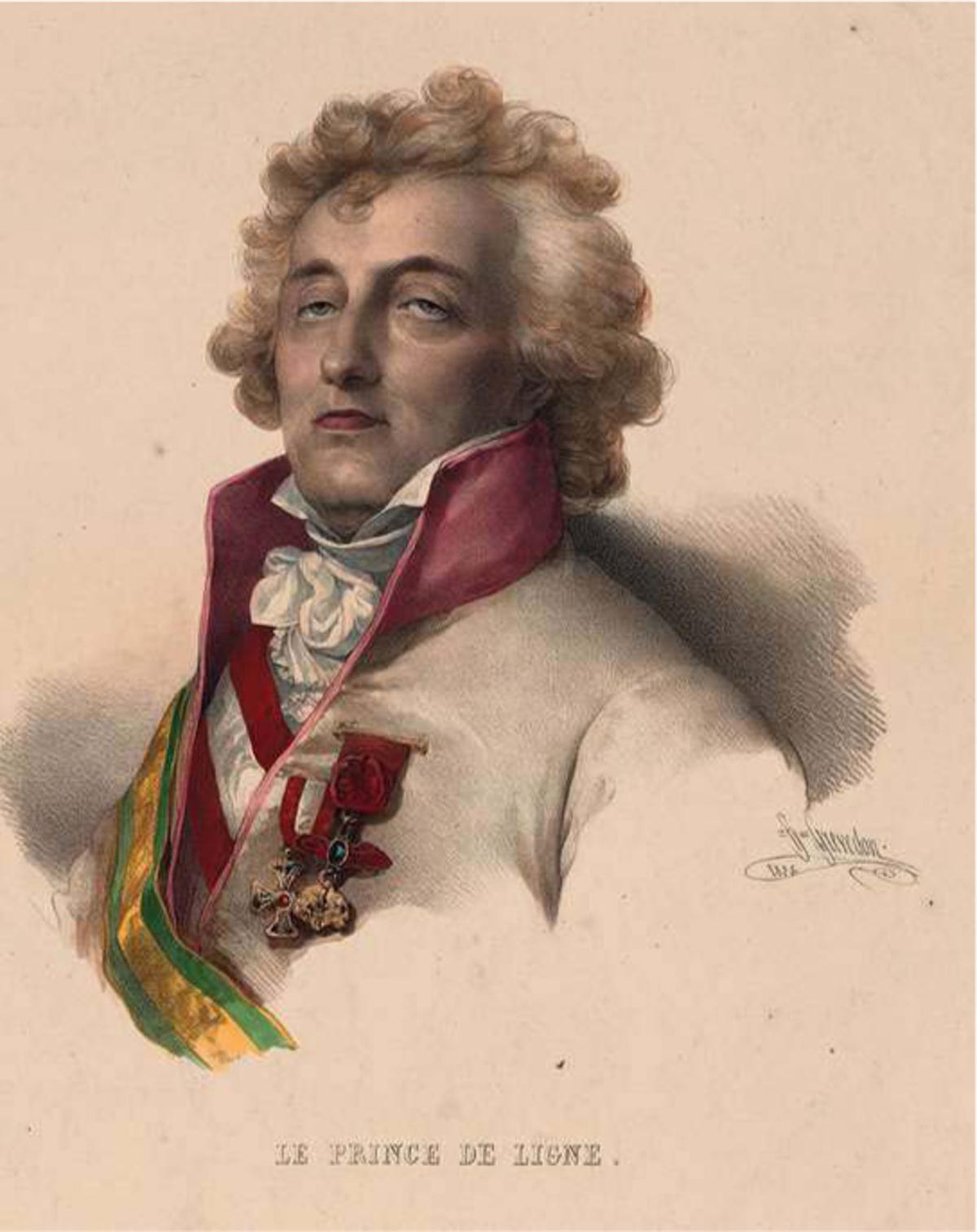 Charles-Joseph met de roze kraag van zijn jas in de kleur van het huis de Ligne en met Oostenrijkse militaire eretekens. Portret van Pierre Grevedon (1825). (Part. coll./ Fine Art Images/Getty Images)