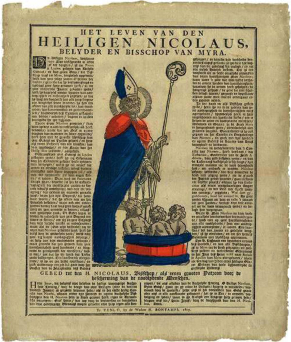 De heilige Nicolaas van Myra, met krullend haar, dito baard en de bisschoppelijke kromstaf. Aan zijn voeten de door hem geredde kindekens. (Limburg Museum)