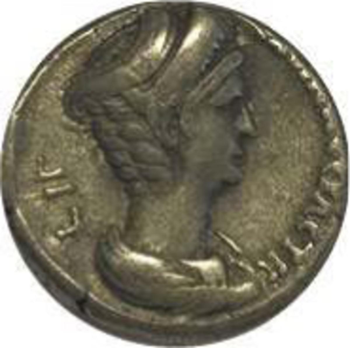 Het krullende kapsel van Sabina (overleden in 136), vrouw van keizer Hadrianus, op een tetradrachme.