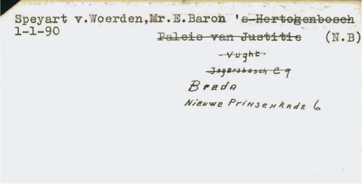 Persoonskaart van Indische gijzelaar Speyart uit de kaartenbak van het kamp in Sint-Michielsgestel. Aan de Prinsenkade in Breda was het ‘ouderlijk huis’, dat hij met zijn moeder deelde. (Brabants Historisch Informatie Centrum)