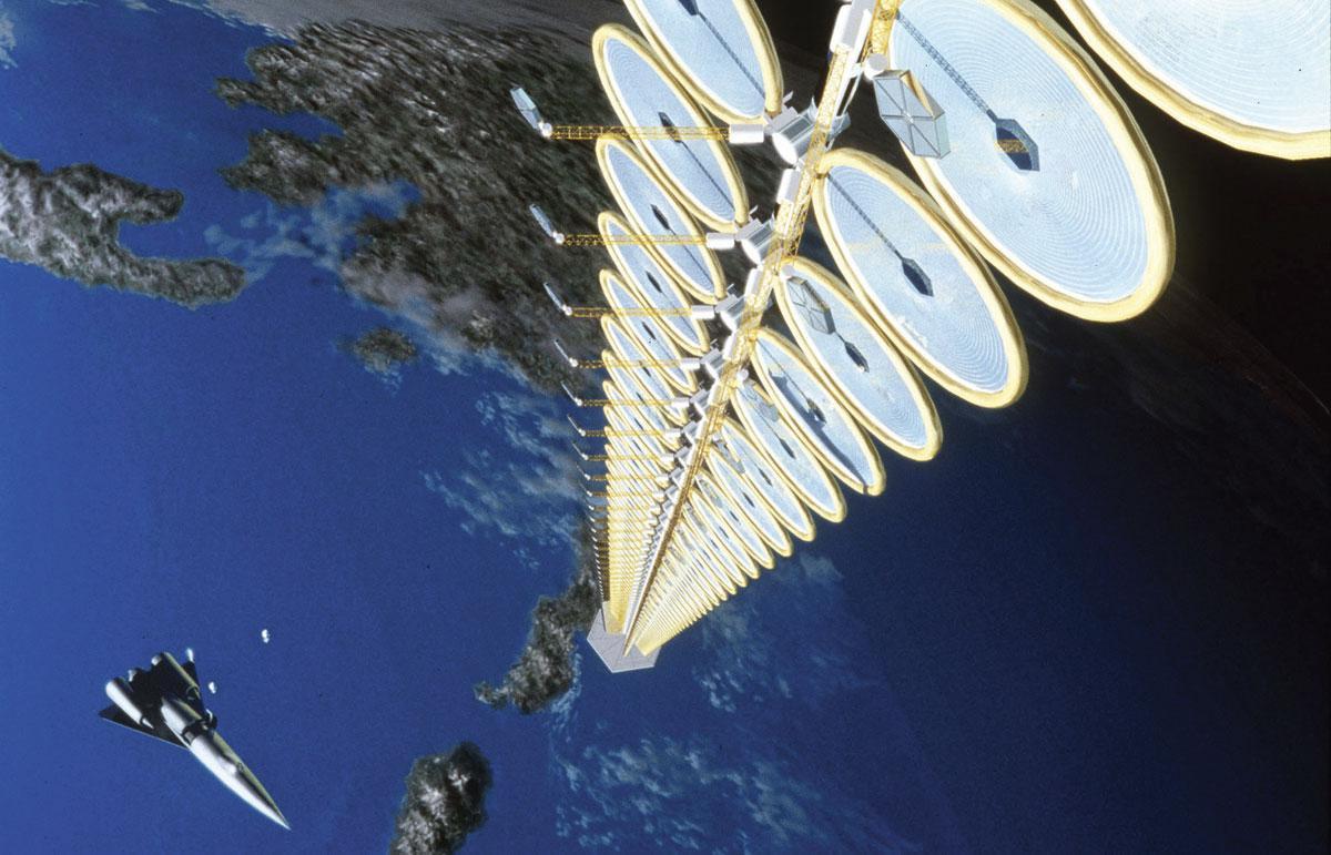 Projet de la Nasa d'une centrale solaire orbitale de type tour solaire qui pourrait pratiquer une transmission d'énergie sans fil vers un vaisseau spatial ou un récepteur planétaire.