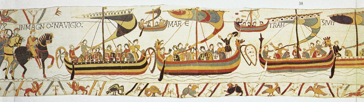 De Normandische vloot van Willem op het beroemde tapijt van Bayeux (ca. 1067).