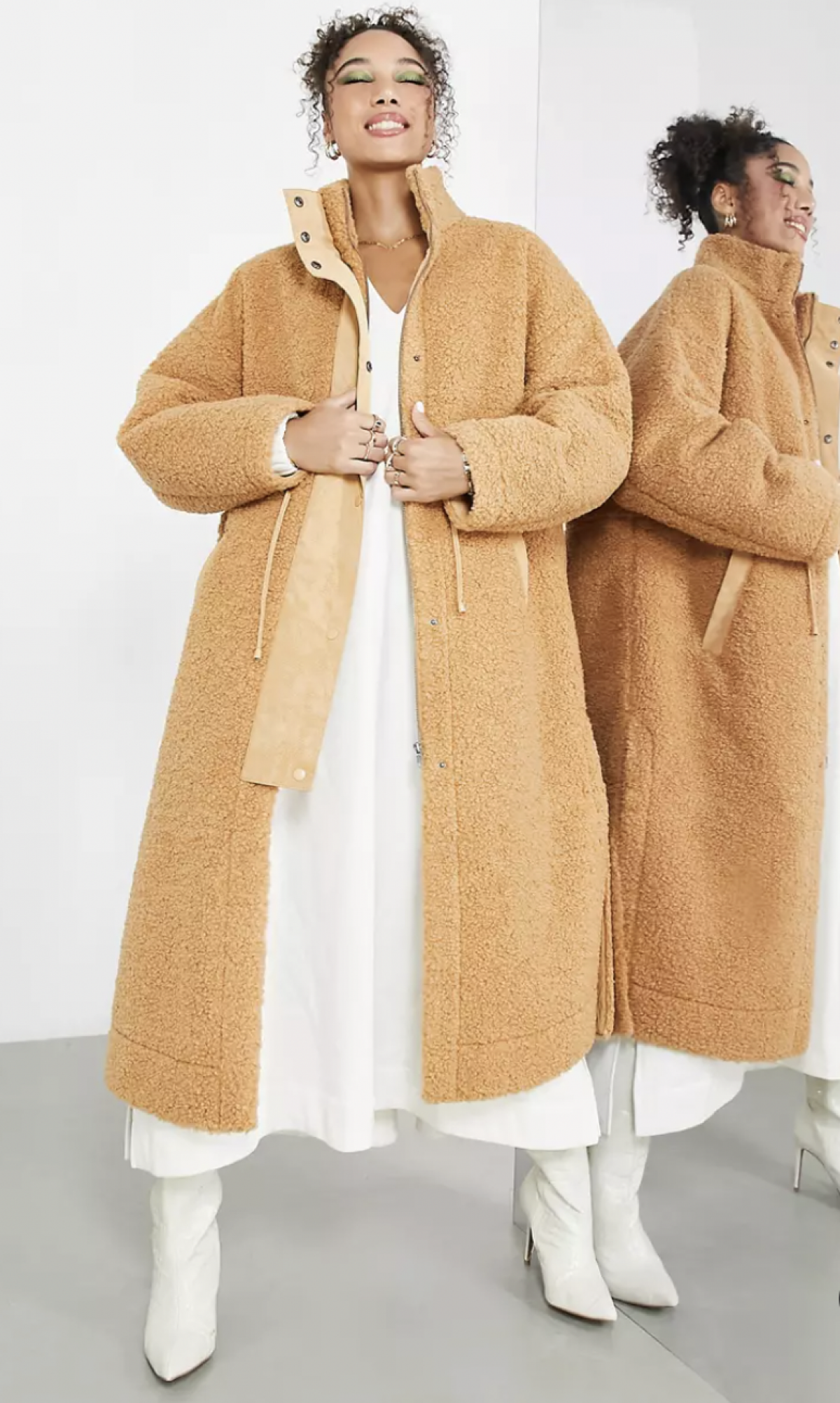 Manteau imitation peau de mouton à col cheminée et cordon de serrage