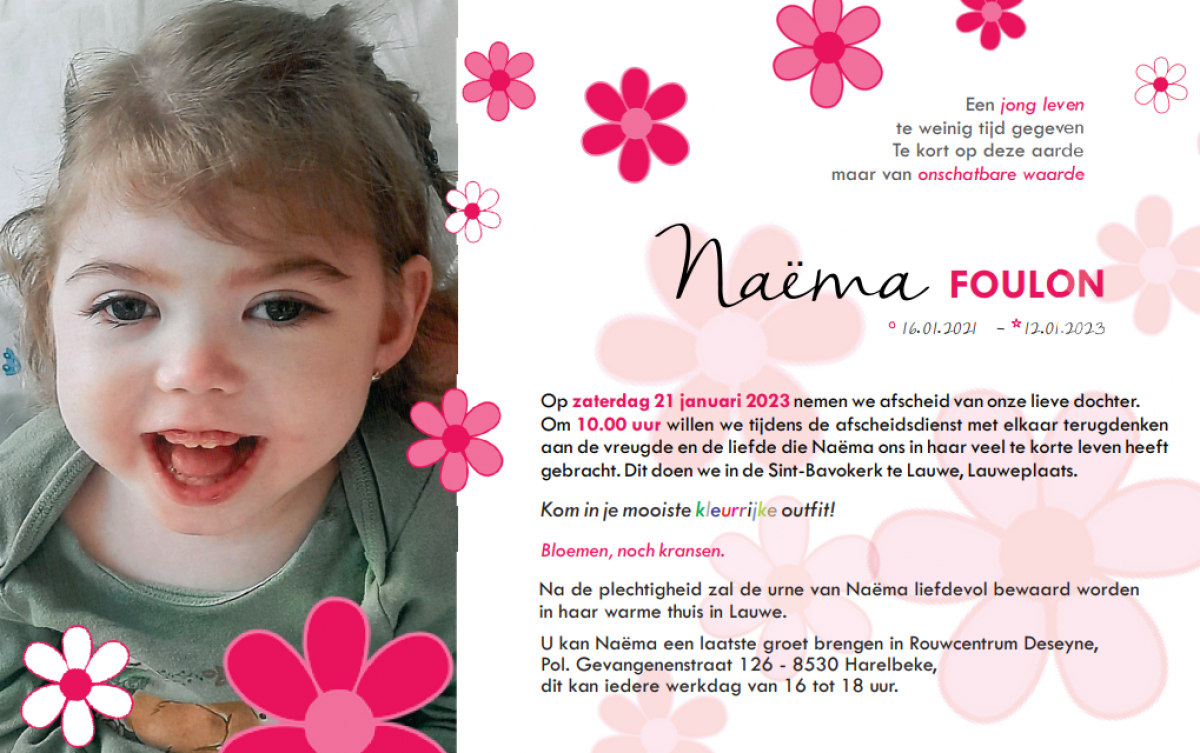 De kleine Naëma is heengegaan. Haar ouders willen graag dat iedereen die naar de uitvaart komt, dat doet ‘in de mooiste kleurrijke outfit’.