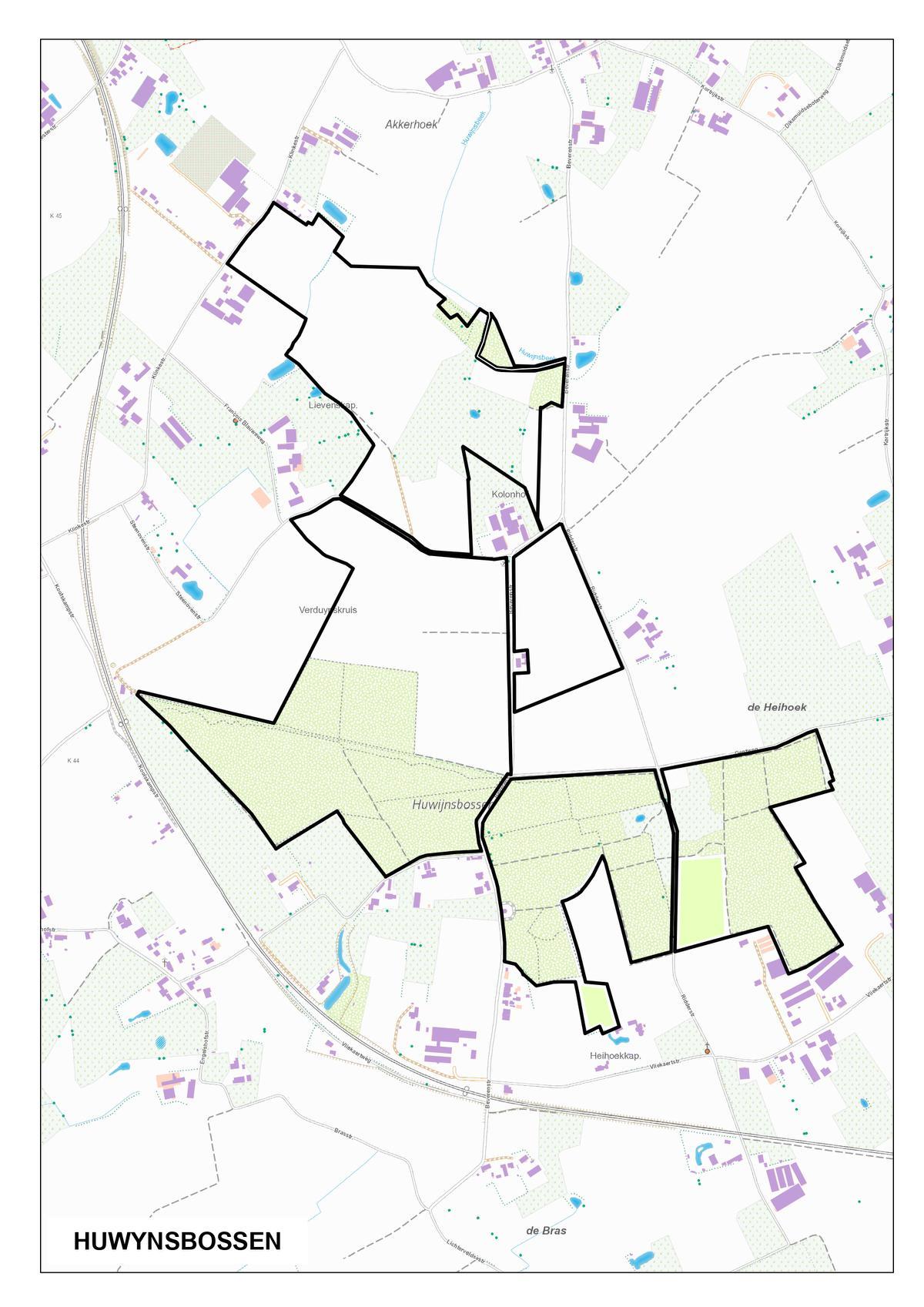 Na de aankoop van 33 hectare grond beschikt ANB nu over een totaal gebied van 68 hectare. In het groen zien we de bestaande Huwynsbossen.