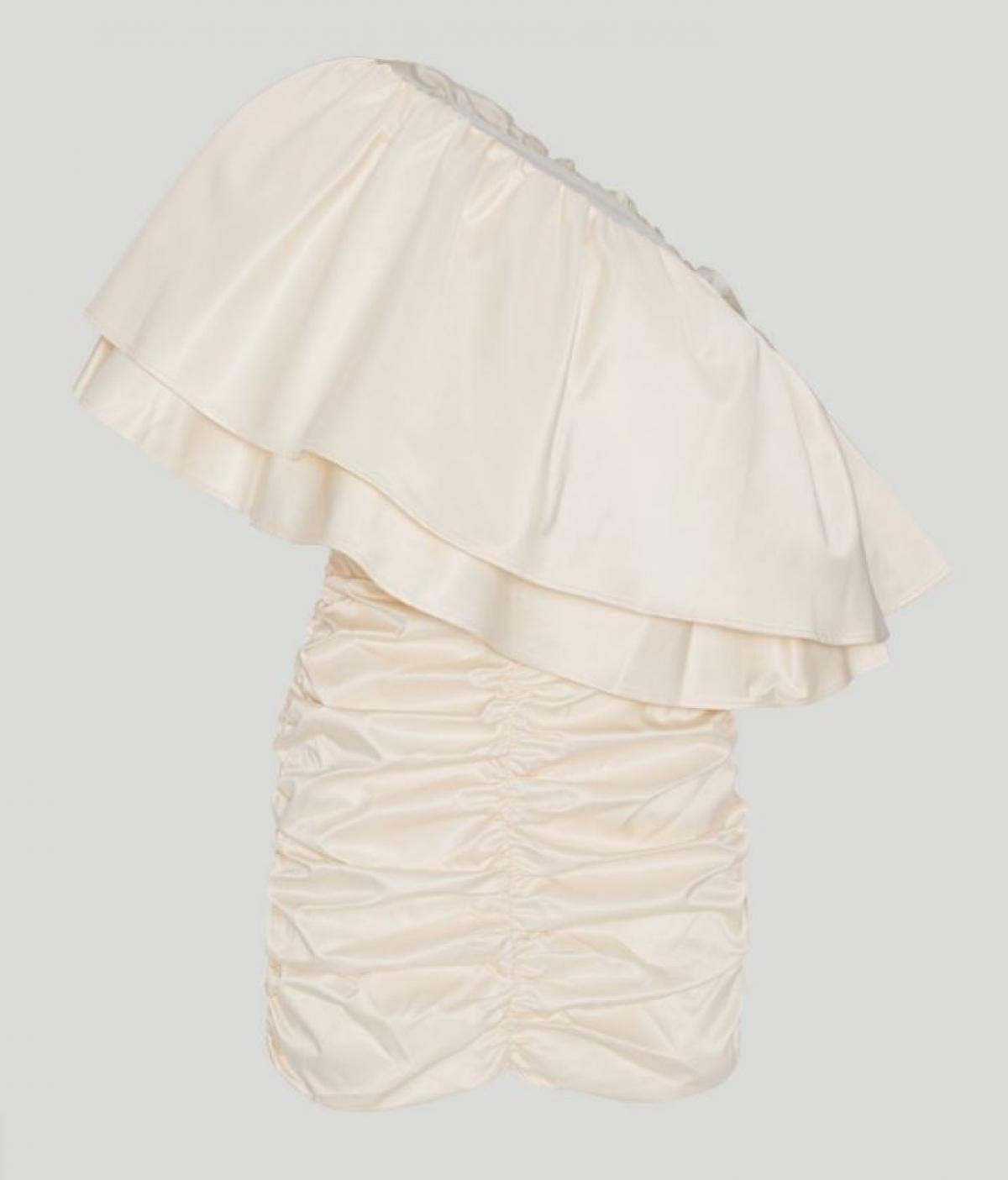 Korte one-shoulder jurk met ruches in wit