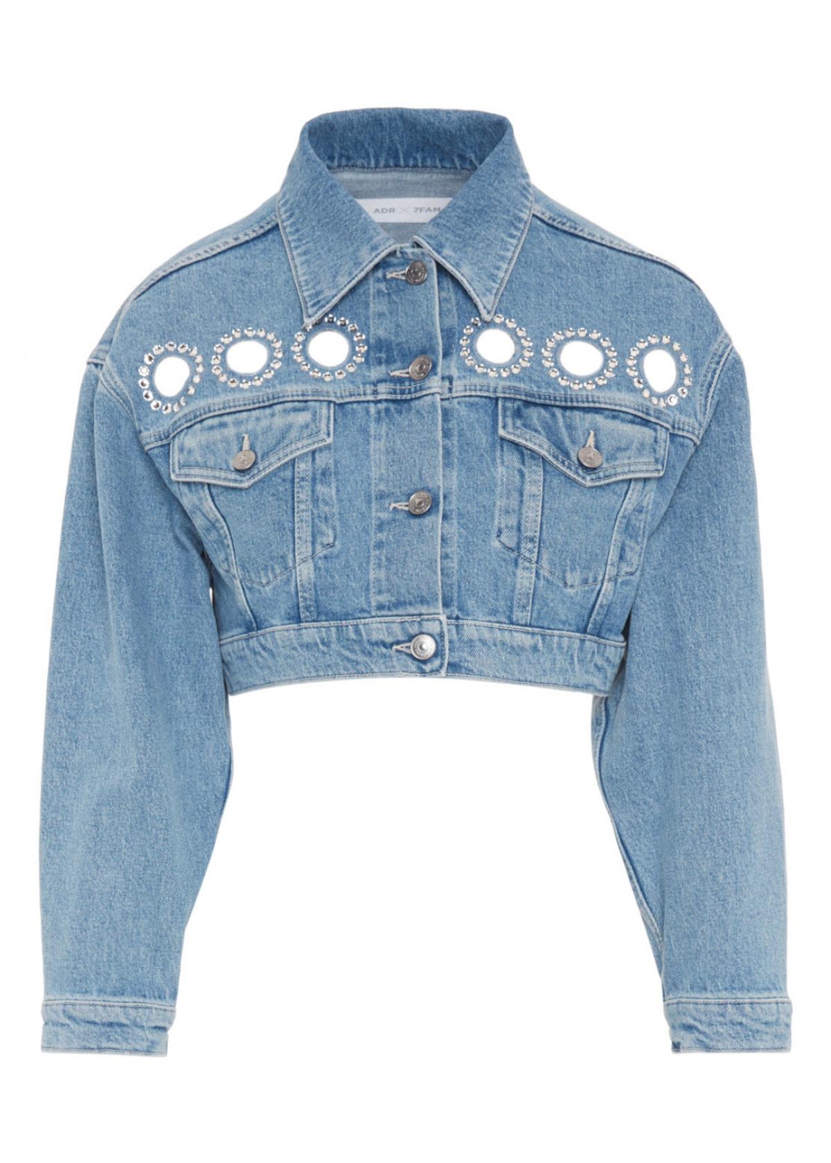 Cropped jeansvest met glinsterende gaten
