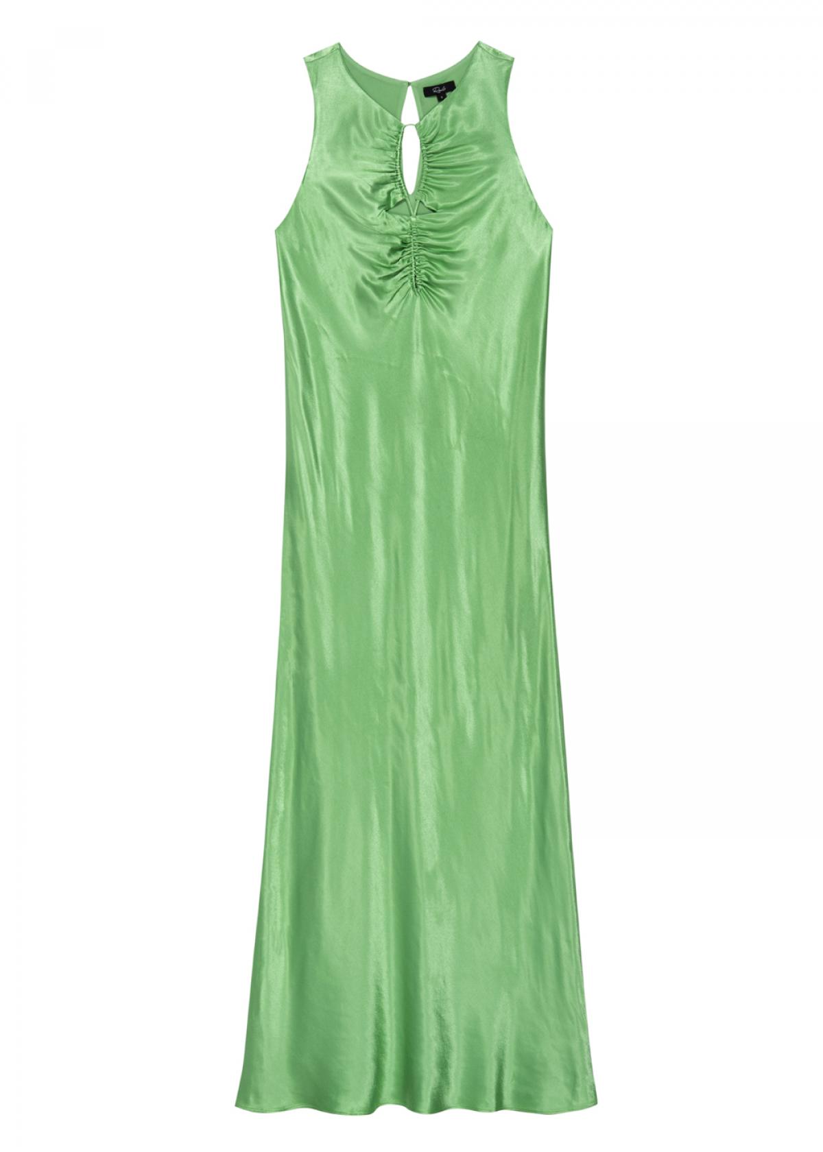 Groene, satijnen jurk met gat aan hals